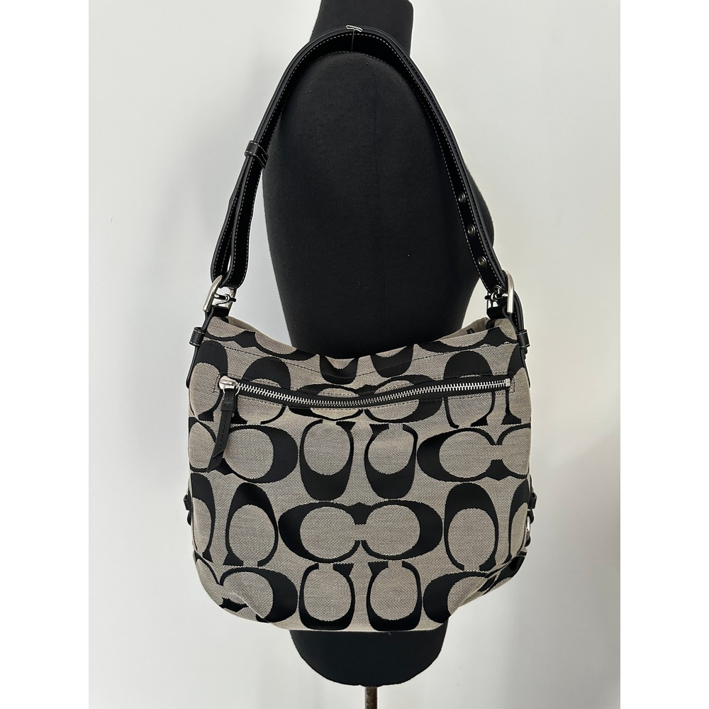 Coach F15067 Black Gray Signature Canvas Convertible Shoulder Hobo Duffle Bag